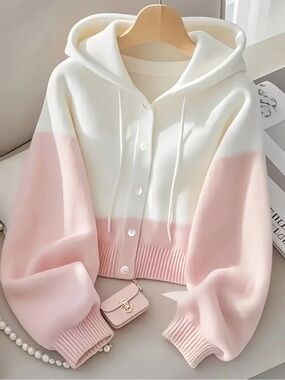 Women's Two-Tone Hooded Button Cardigan - White & Light Pink
